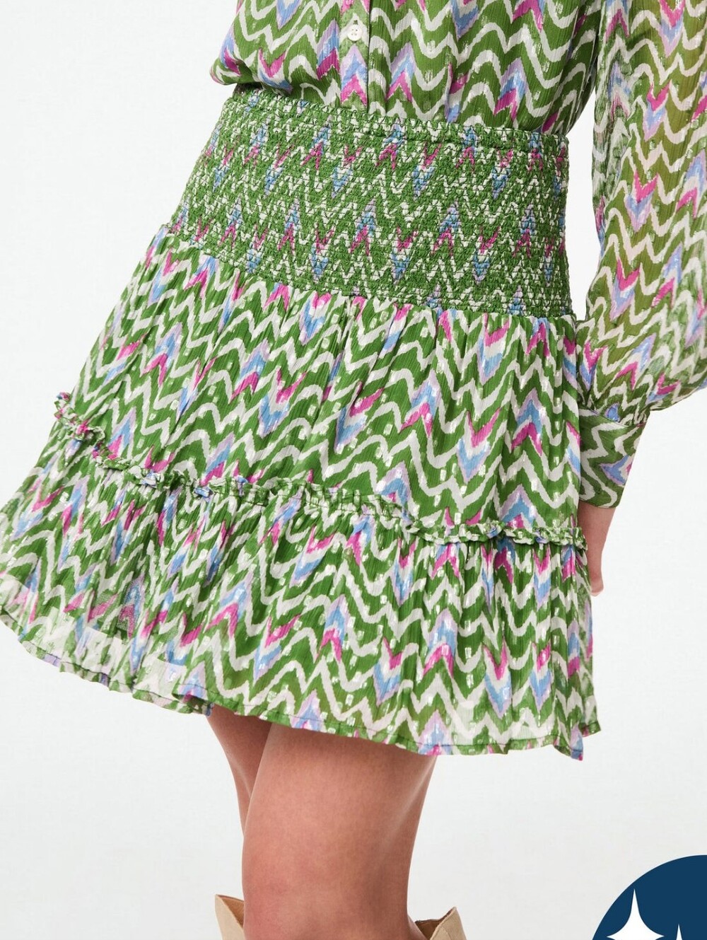 Roller Rabbit Olivia Ikat Riko Skirt Metallic Green Smocked Waist Band